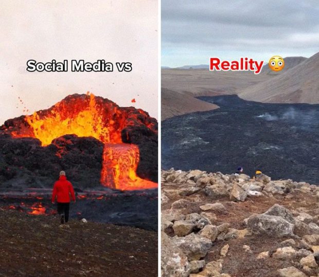 A collage of a volcano and a person standing in front of them Description automatically generated