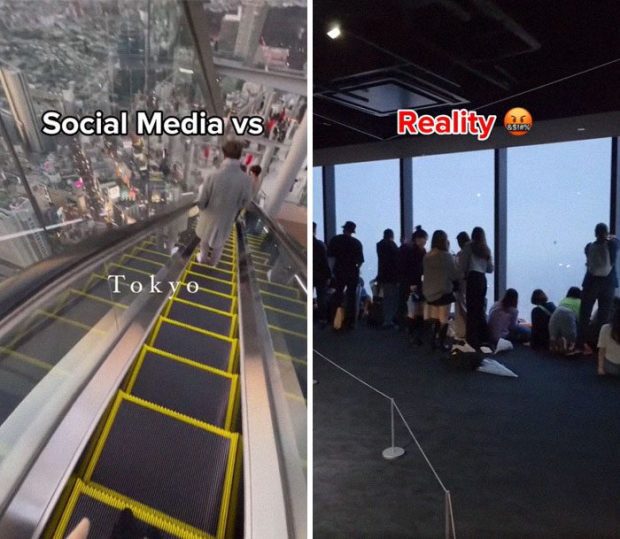 A collage of people standing on escalators Description automatically generated