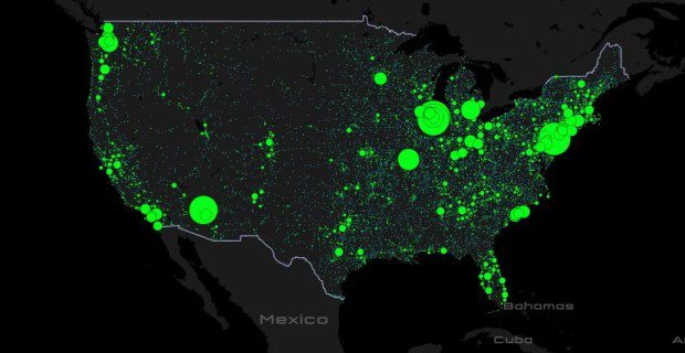 A map of the united states with green dots Description automatically generated